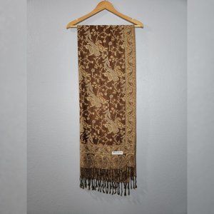 Pashmina Womens Brown Tan Paisley Floral Silk Blend Scarf Tasseled Knit